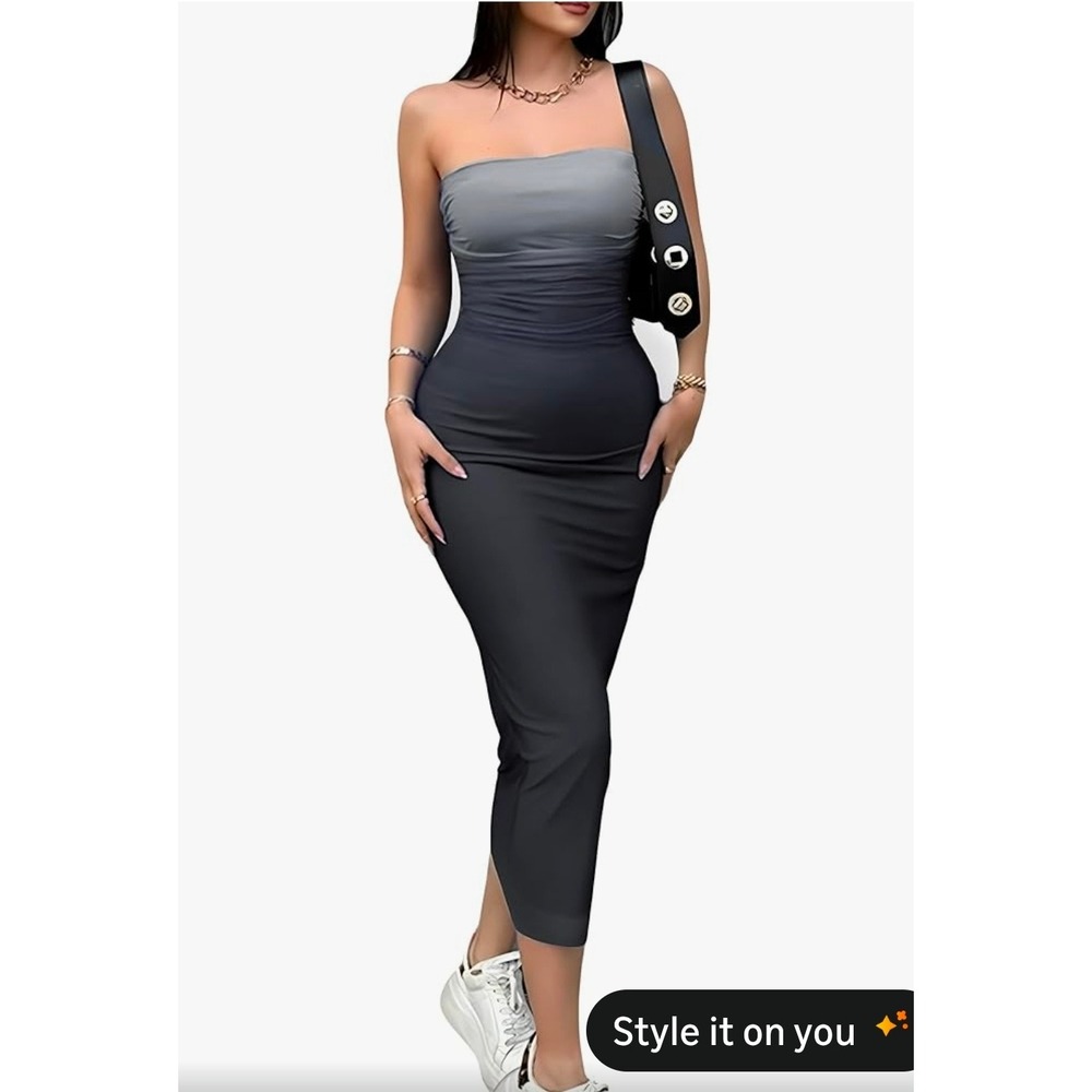 ABMOIU Womens Ombre Strapless Maxi Dress Grey Black Ruched Bodycon Tube Top XL